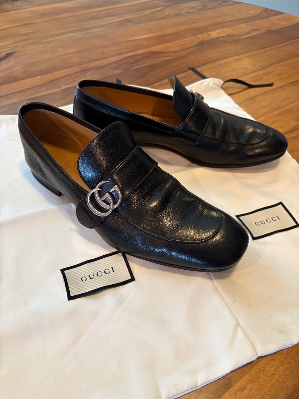 Gucci Black Leather Double G Slip-On Loafers